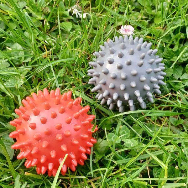 2 Massagebälle in rot und grau liegen auf einer Wiese.