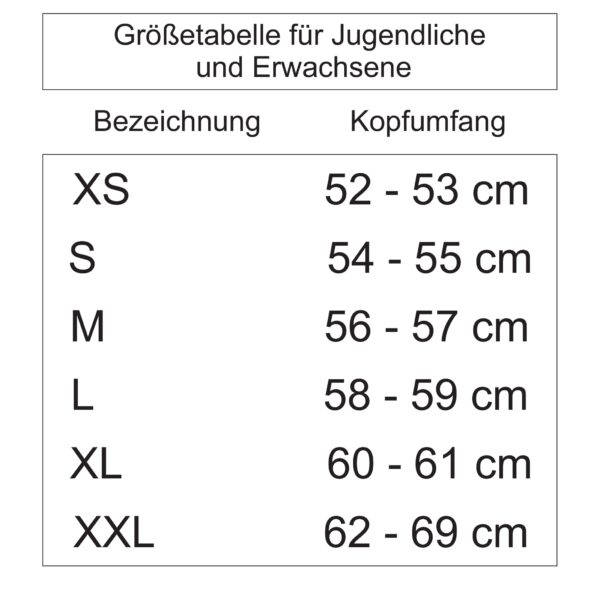 Größentabelle für Jugendliche und Erwachsene